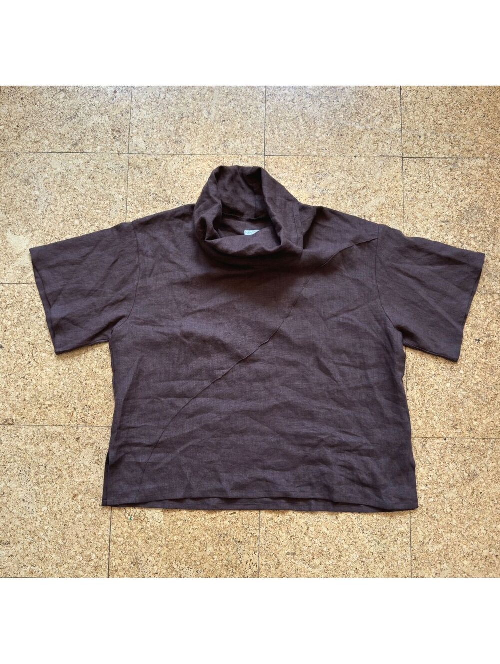 LeMair Handcrafts Linen Cowl Neck Top LARGE Brown Lagenlook Boxy Short Sleeve US - Picture 4 of 7